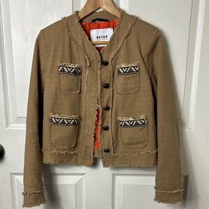 Bazar Deluxe Tan Fringe Button Up Cropped Jacket Pattern Pockets Italian 42 US 6